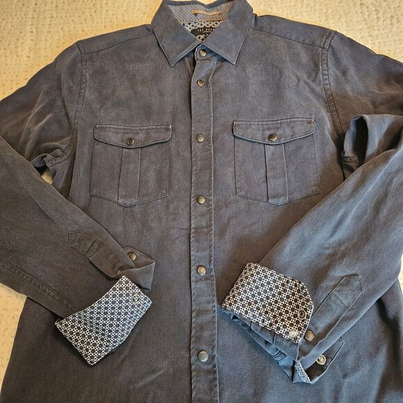 Ted Baker London Mens Dress Shirt S 2/32.5 Solid Blue Dotted Flip Cuff Pattern - Picture 5 of 14